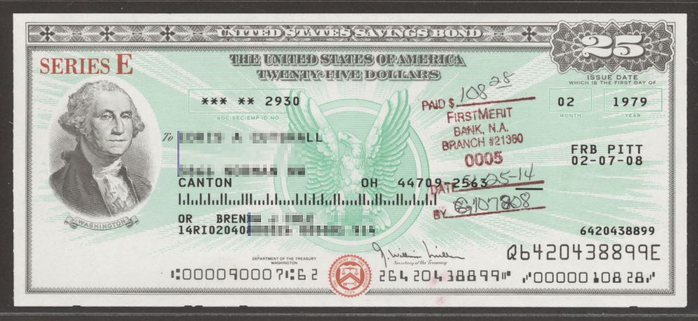 United States Savings Bond, Series E, 02/1979 $25, Washington    Sold